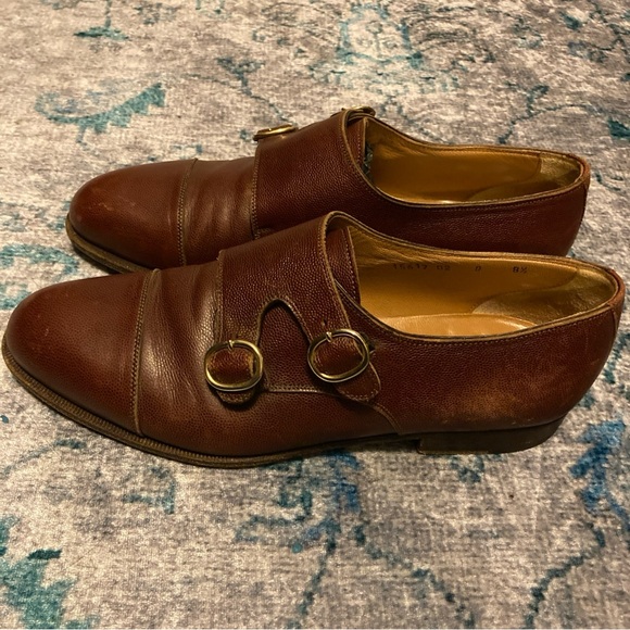 Santoni 15617  02 Brown Pebbled Leather Plain Toe Double Monk Strap Size 8.5D main image 5